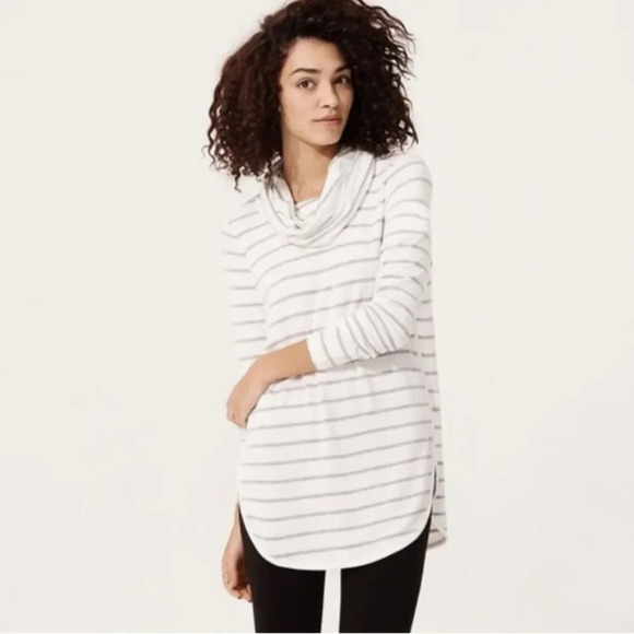 LOU & GREY Striped Soft Long Sleeve Cowl Neck Tunic Sweater - Picture 1 of 9